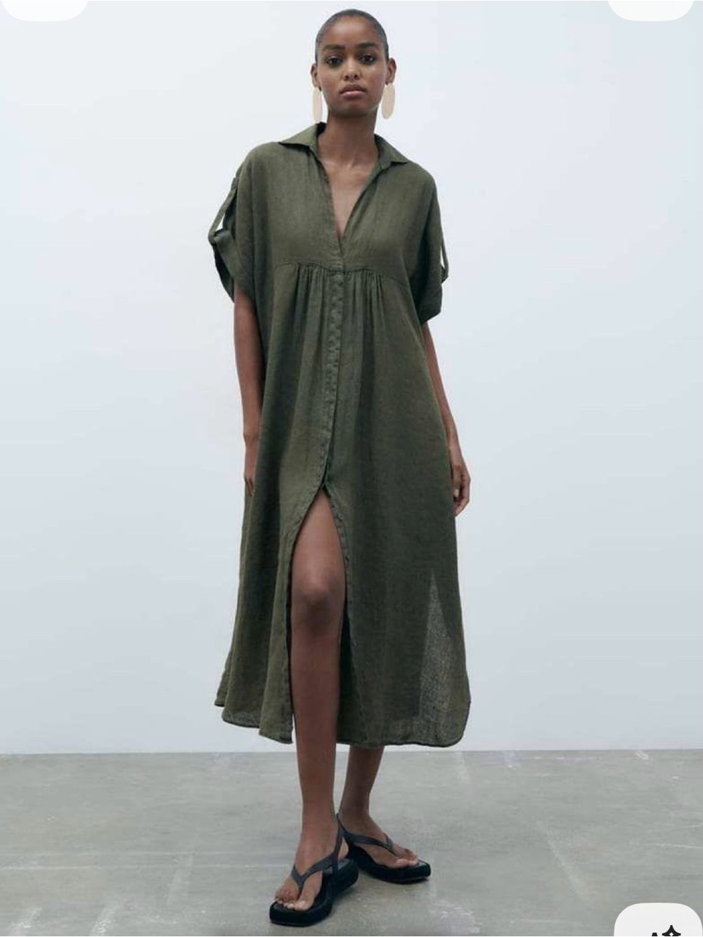 Zara 100% Linen Olive Green Button-Front Dress M